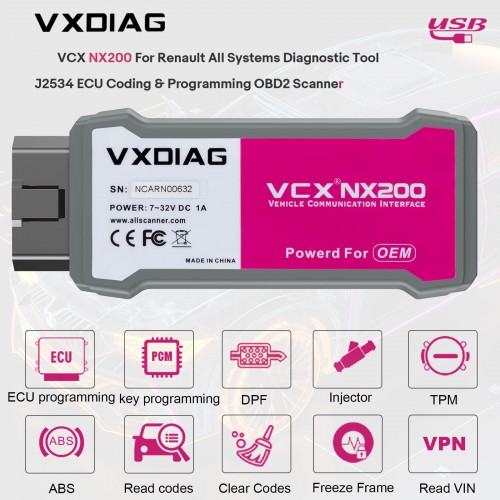 Hotseller VXDIAG VCX NX200 For Renault Clip Bi-directional All Systems Diagnostic Tool J2534 ECU Coding ECU programming OBD2 Scanner
