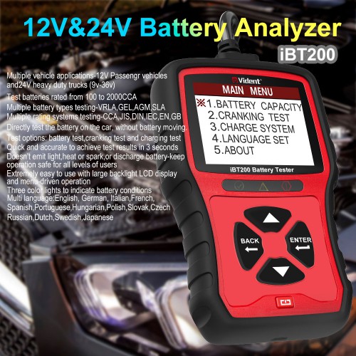 (Autorisation)VIDENT iBT200 9V-36V Battery Tester pour 12V/24V Car&Truck 100 to 2000CCA Car Battery Analyzer